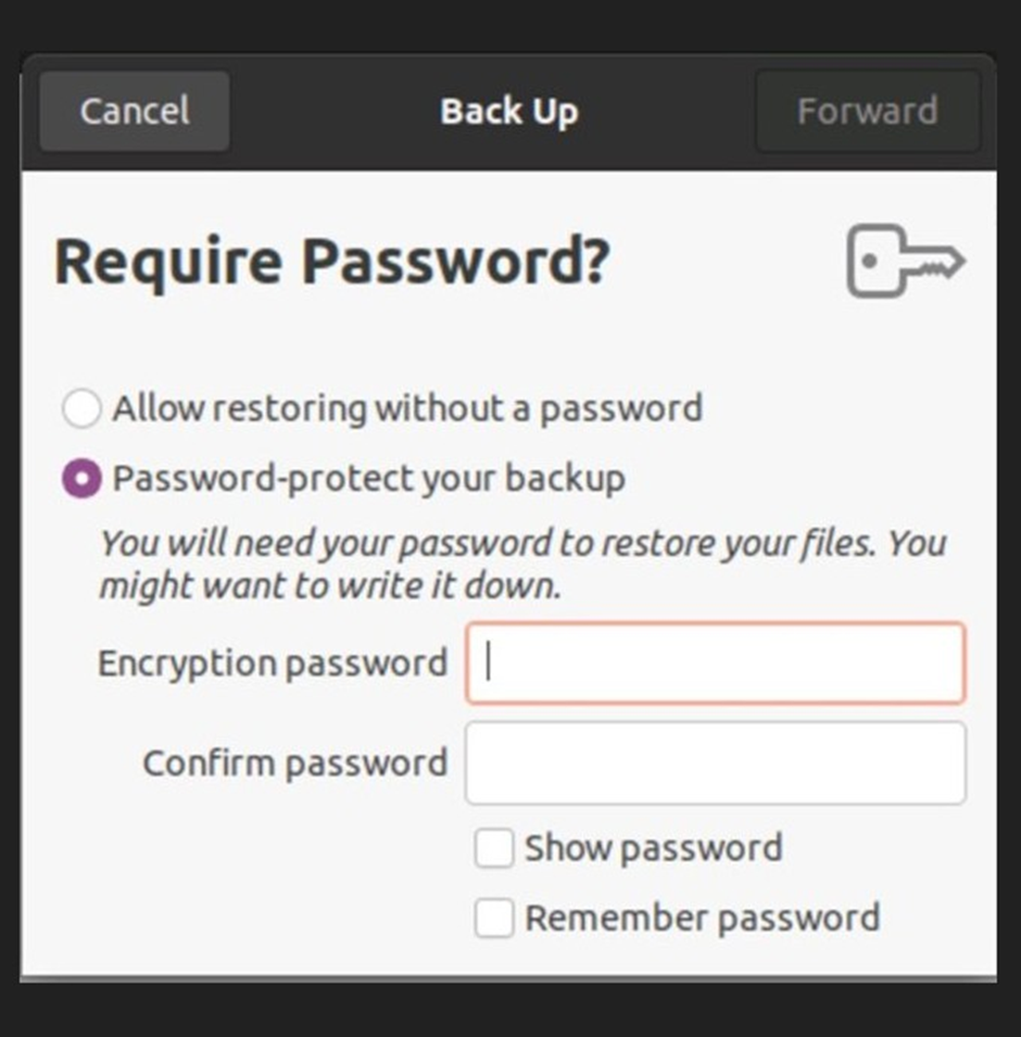 Password prompt to protect the backup job.
