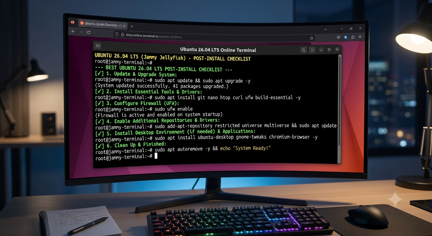 Linux Online Terminal: Best Ubuntu 26.04 LTS Post-Installation Checklist with Essential Linux Commands