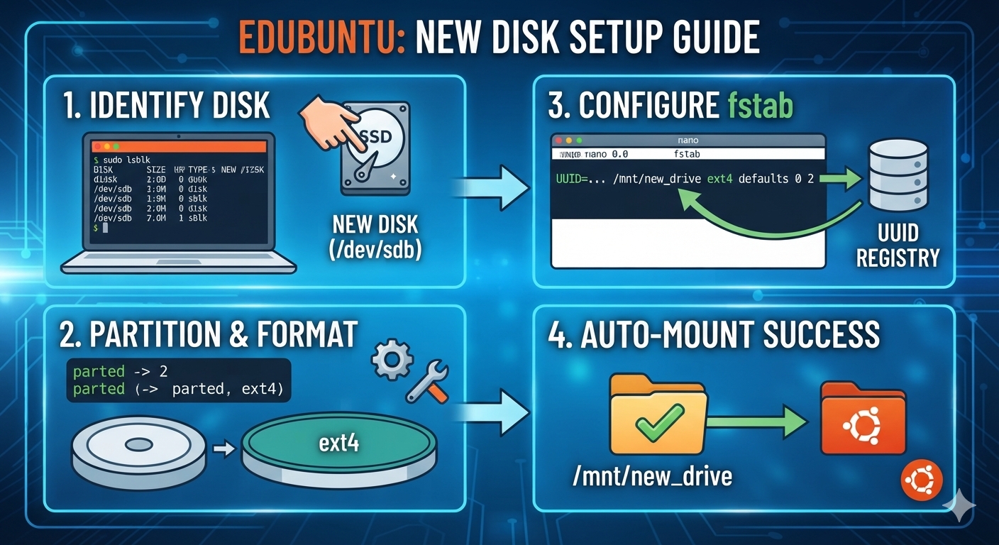 How to Partition, Format and Auto-Mount a New Disk in Edubuntu with fstab